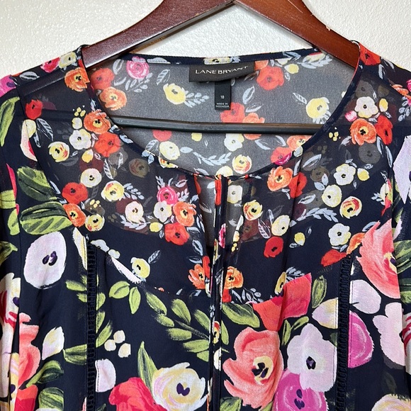 Lane Bryant Floral VNeck Tunic Top Women Sheer Lined Tassle Bulb Sleeve Sz 18 - Picture 3 of 8